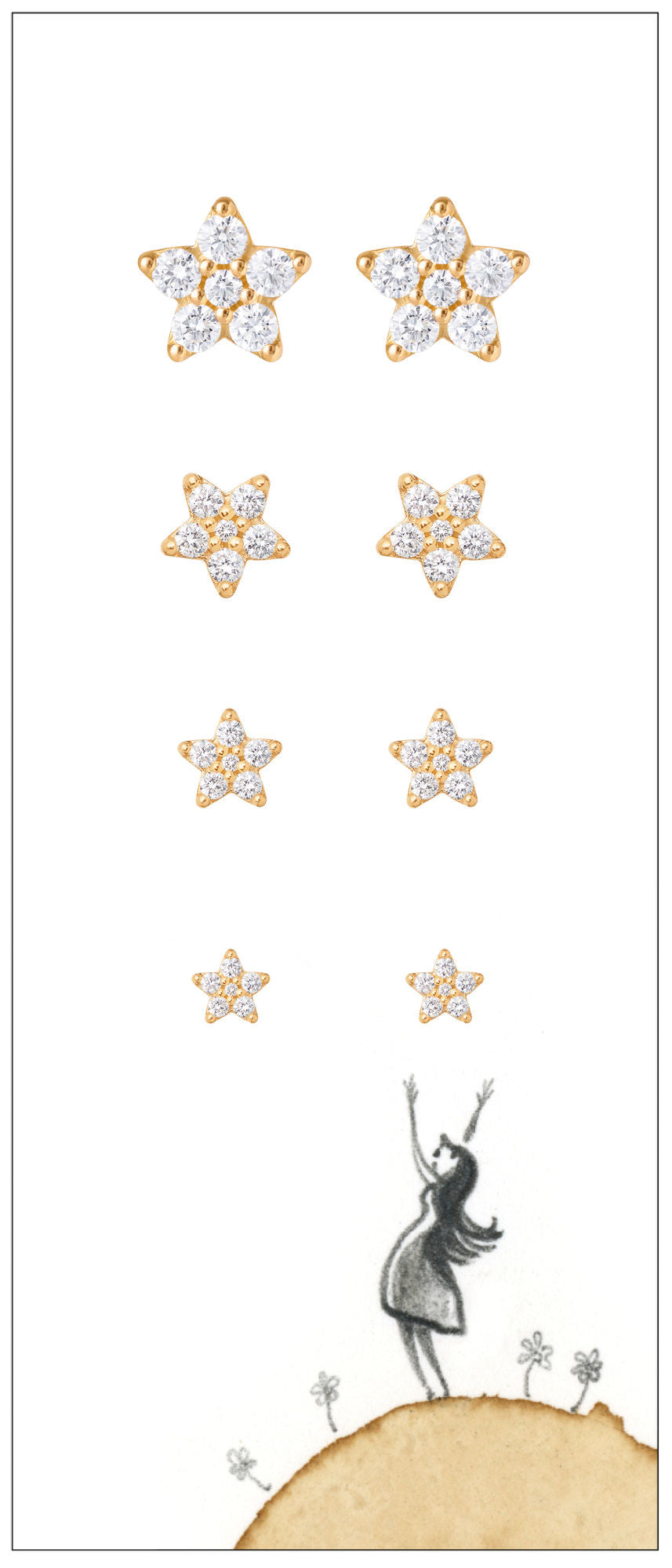 Mini Shooting Stars 18K Gold Earrings w. Diamond
