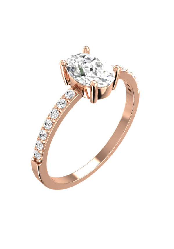 Solitaire Oval Pavé 18K Rose Gold Ring w. Lab-Grown Diamonds