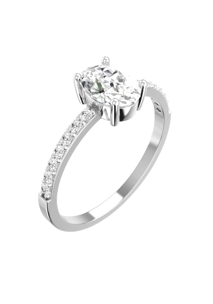 Solitaire Oval Pavé 18K White Gold Ring w. Lab-Grown Diamonds