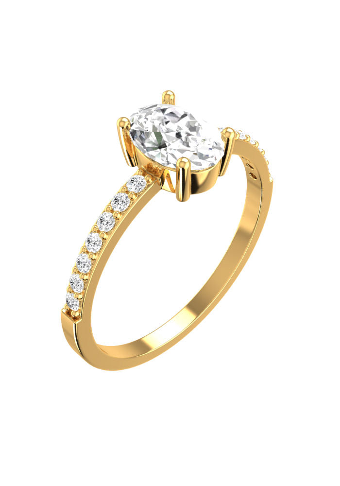 Solitaire Oval Pavé 18K Gold Ring w. Lab-Grown Diamonds