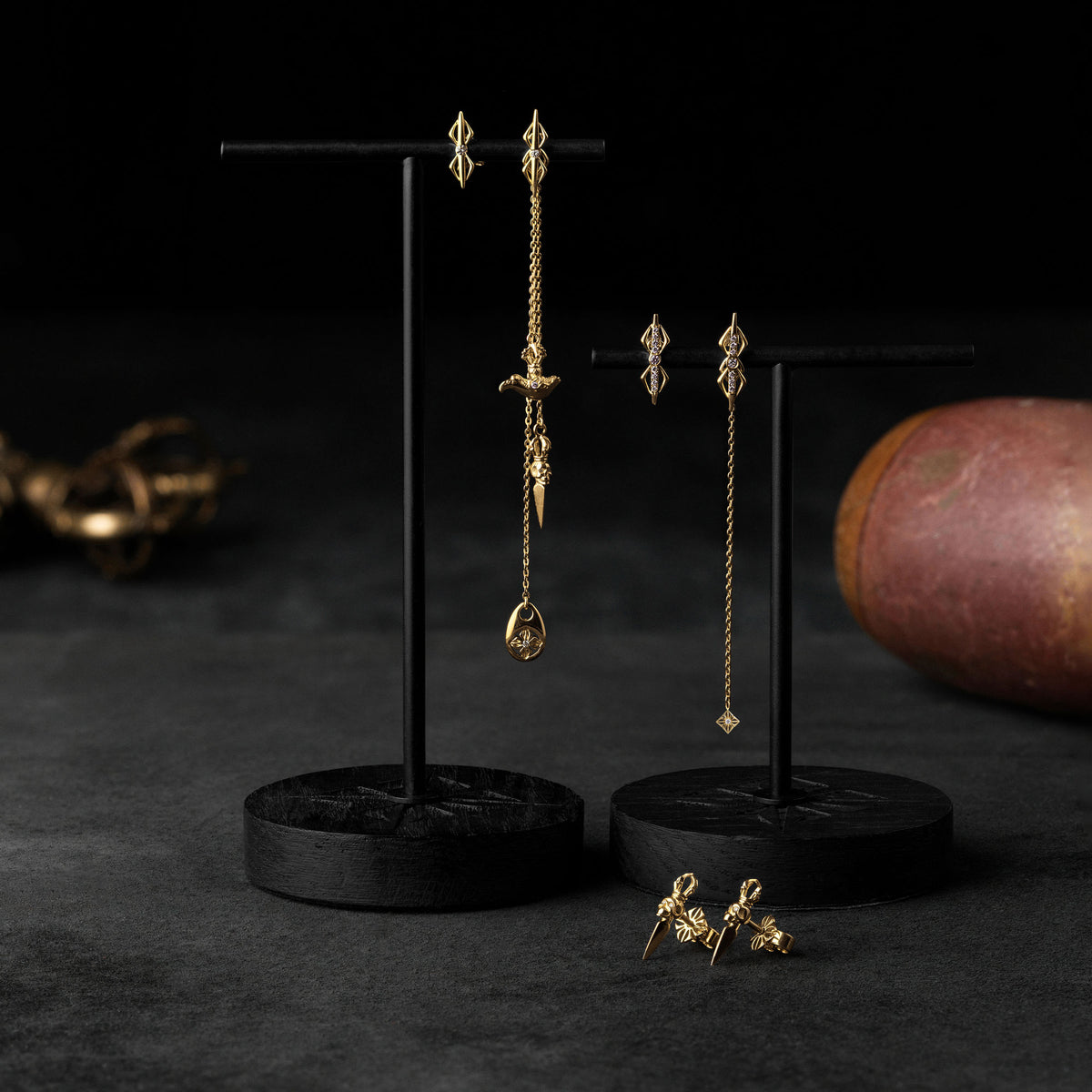 Laughing Skull Phurpa 18K Gold Studs w. Diamond