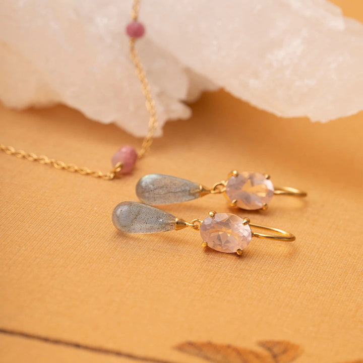 Rosé Tropfen-Ohrringe vergoldet 18K I Quartz & Labradorit