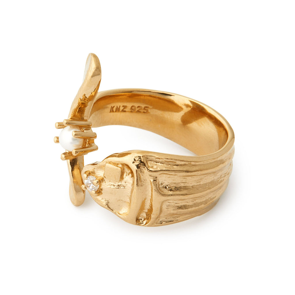 Ocean Being Gold Plated Ring w. Pearl & Zirconia