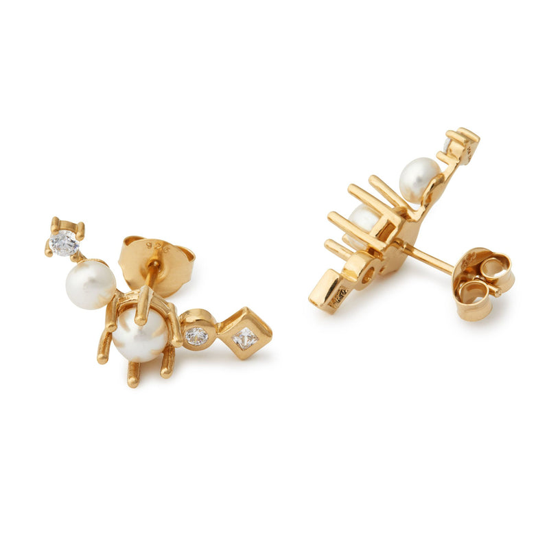 Wave Gold Plated Earring w. Pearls & Zirconias