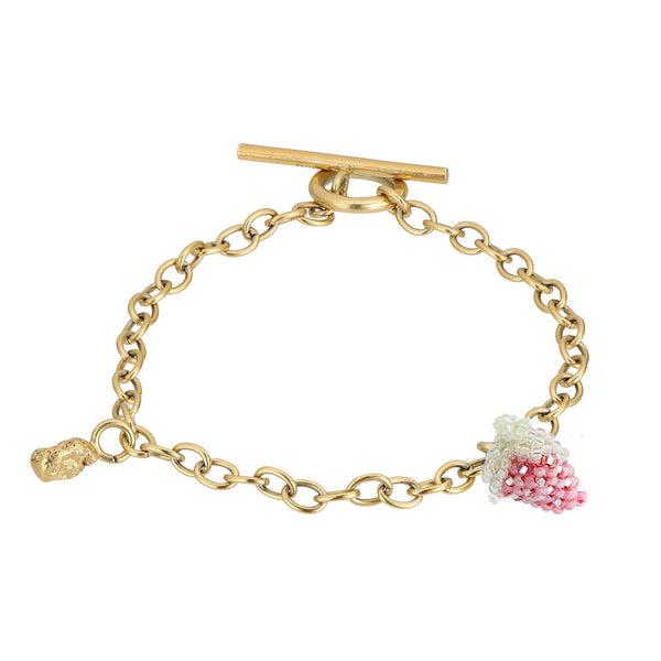 Blob and Strawberry Bracelet Gold Plated, Pink Beads