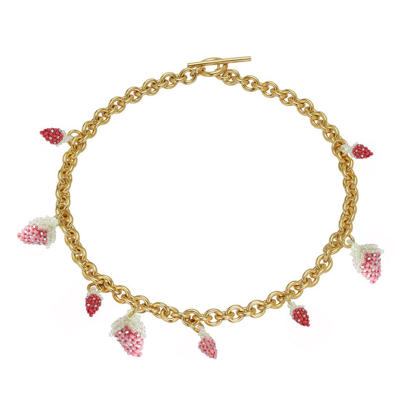Medium Chunky Strawberry Necklace Gold Plated, Pink and Red Beads