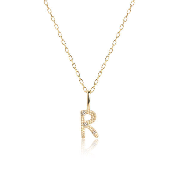 Letter R 10K Gold Pendant w. Diamonds