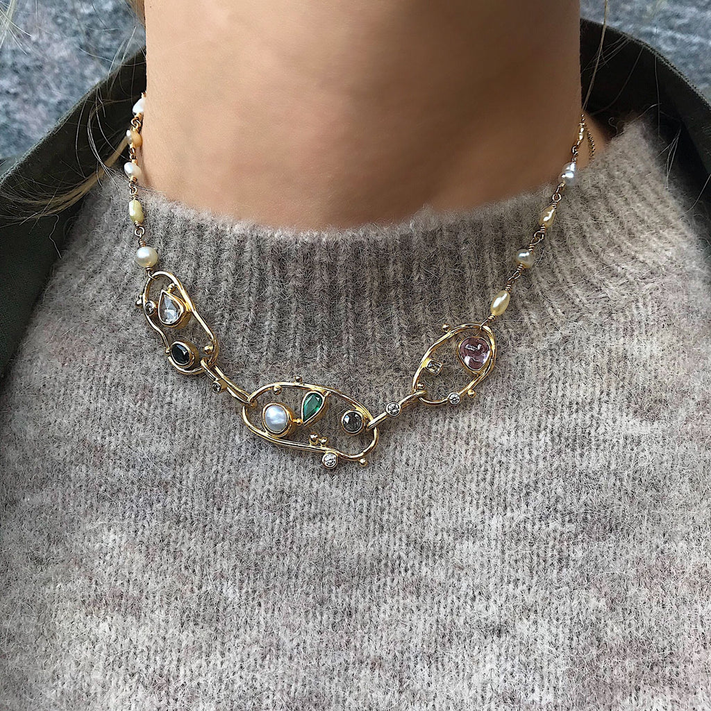 Triple Cloud 18K Gold Necklace w. Diamonds, Emeralds & Ruby