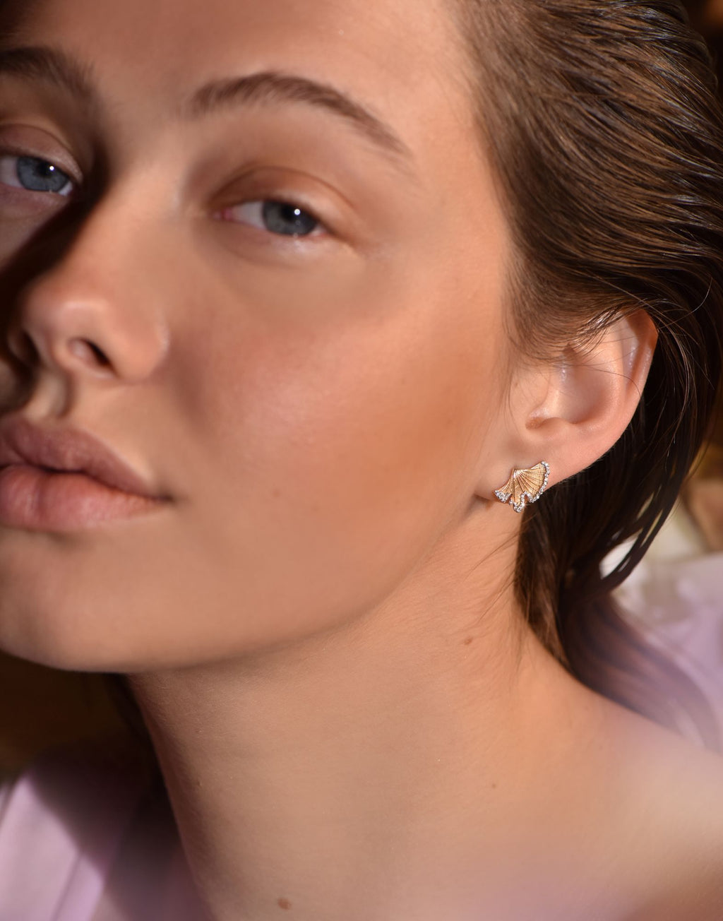 Ginkgo Leaf 14K Gold Studs w. Diamonds