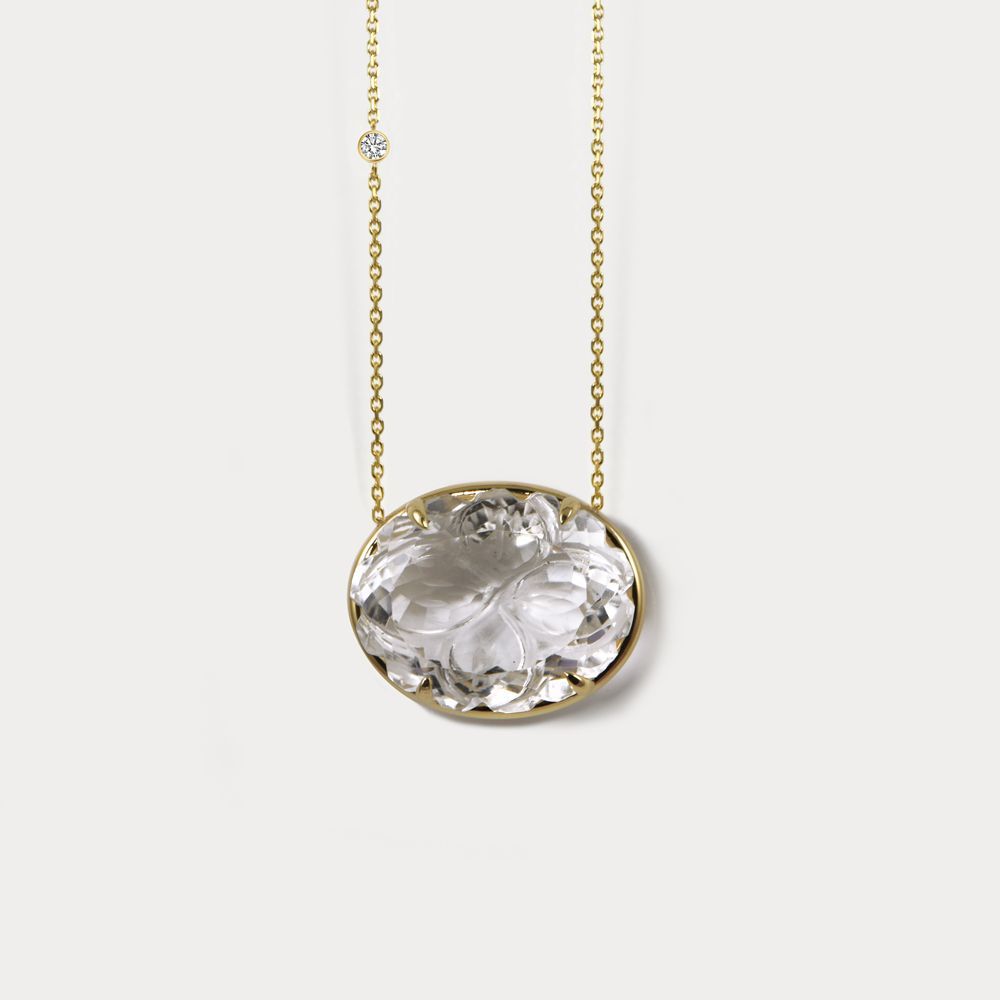 Camelia 18K Gold Necklace w. Diamonds & Crystal Quartz