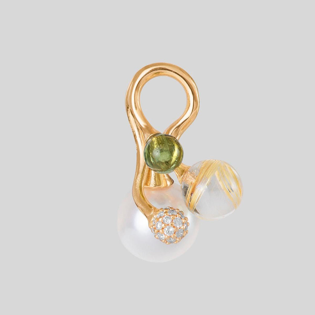 Blooming 18K Gold Pendant w. Diamond, Tourmaline, Pearl & Quartz