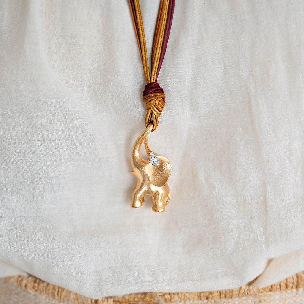 Large Elephant Charm 18K Gold Pendant w. Diamonds