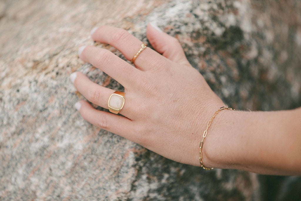 IX Cushion Moonstone Signet Gold Plated Ring
