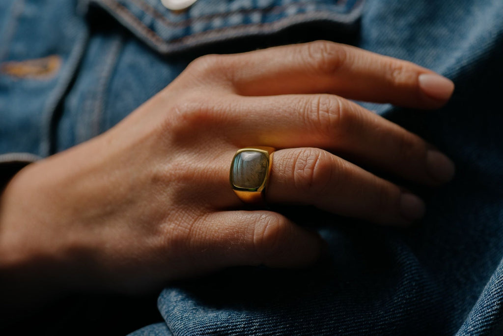 IX Cushion Signet Labradorite Gold Plated Ring