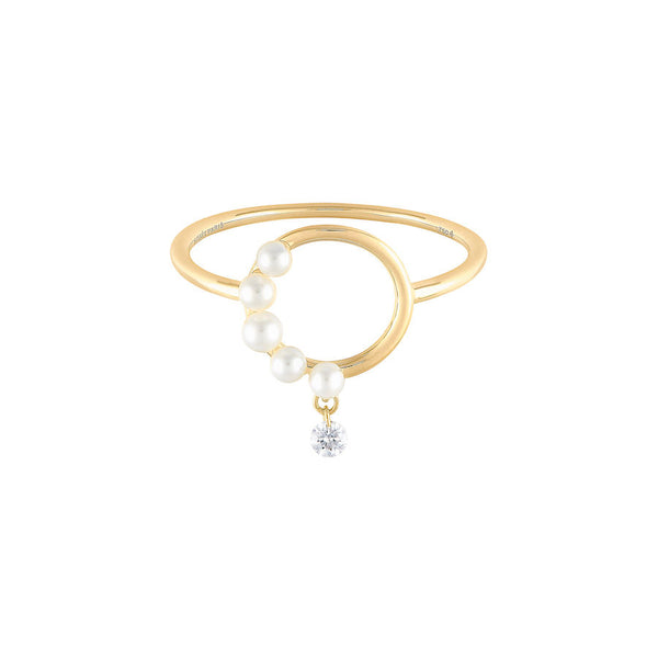 Halv Perle Aphrodite 18K Guld Ring m. Diamant & Perler