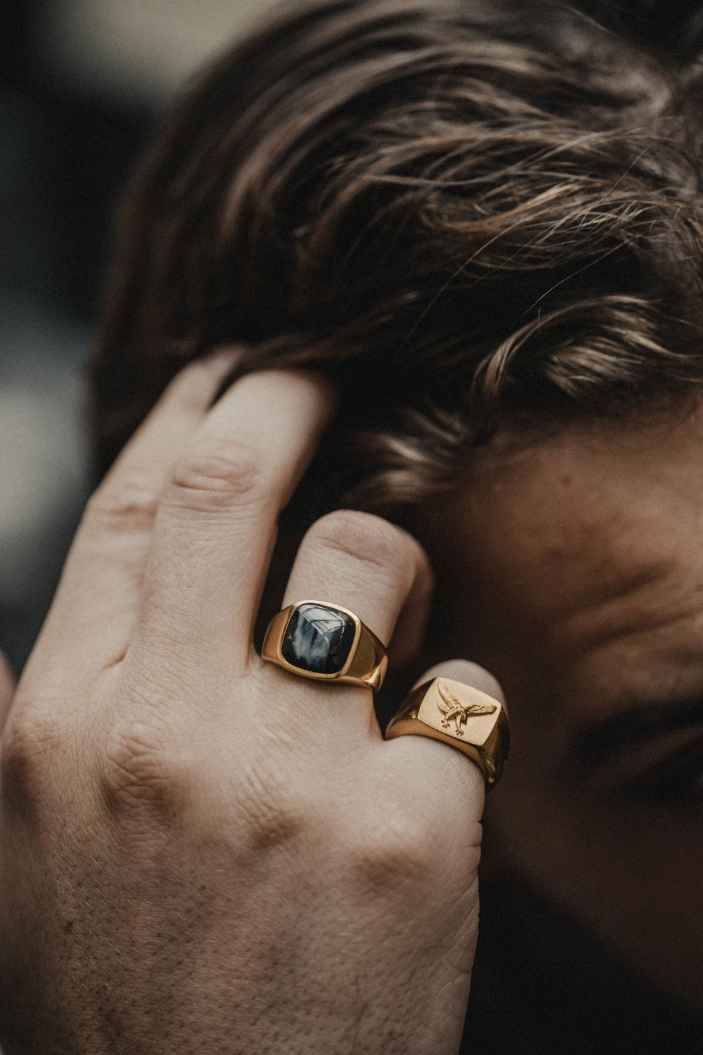 IX Cushion Signet 22K Gold Plated Ring w. Hawks Eye Ring