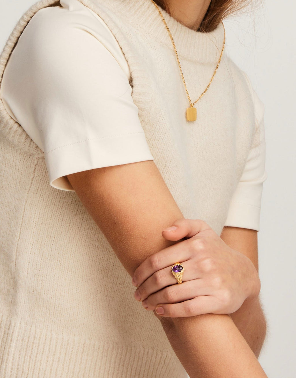 IX Crunchy Ornate Amethyst Signet Gold Plated Ring