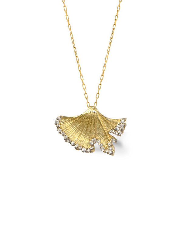 Ginkgo Leaf 14K Gold Necklace w. Diamonds