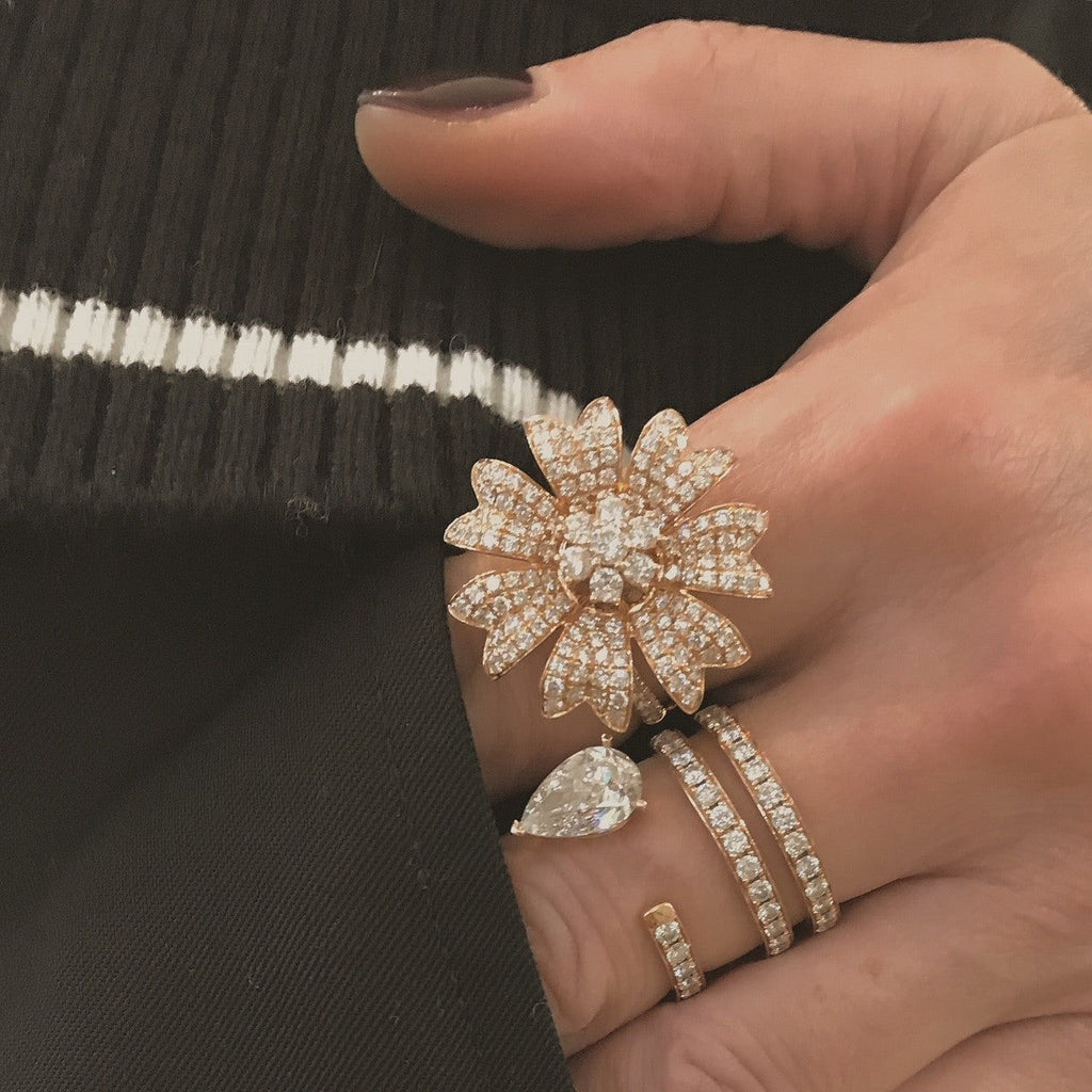 Large Flower 18K Guld, Rosaguld eller Hvidguld Ring m. Diamanter