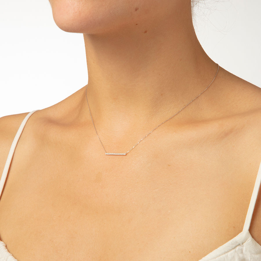 Short Pavé Bar 18K Gold Necklace w. Diamonds