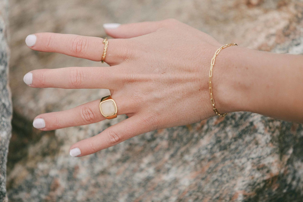 IX Cushion Moonstone Signet Gold Plated Ring