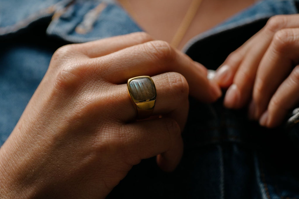 IX Cushion Signet Labradorite Gold Plated Ring