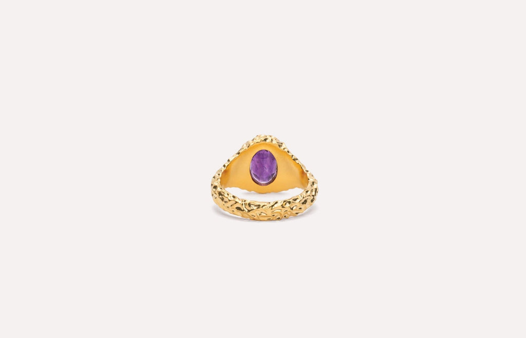 IX Crunchy Ornate Amethyst Signet Gold Plated Ring