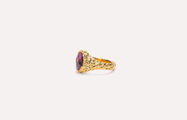 IX Crunchy Ornate Amethyst Signet Gold Plated  Ring