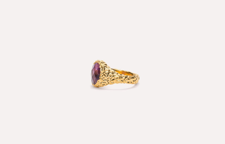 IX Crunchy Ornate Amethyst Signet Gold Plated Ring