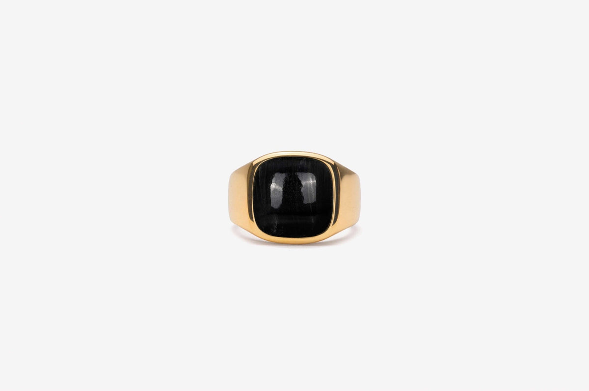 IX Cushion Signet 22K Gold Plated Ring w. Hawks Eye Ring