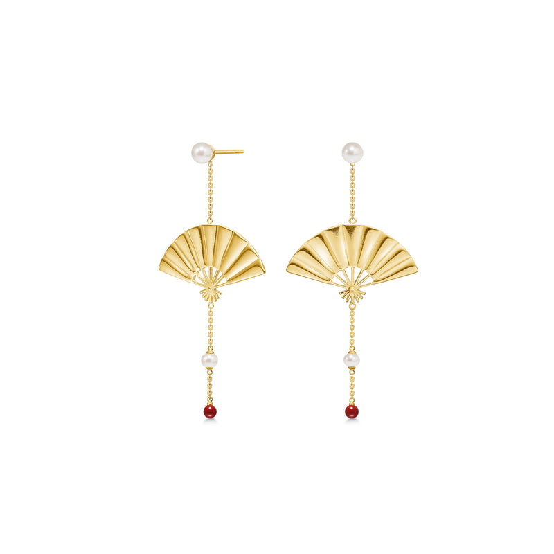 Hanging Fan Gold Plated Earrings w. Pearl & Coral