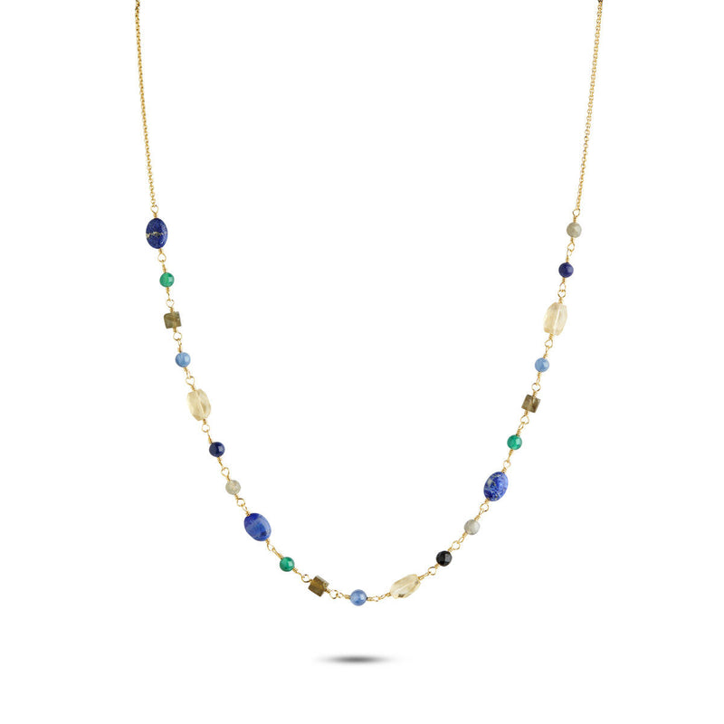 Gem Candy Confidence 18K Gold Plated Necklace w. Laboradorite, Agate, Citrin, Kyanite & Lapis