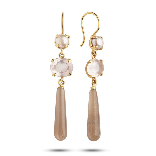 Limited Edition 18K Gold Plated Earrings w. Moonstone & Quartz