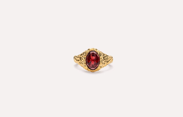 IX Crunchy Ornate Garnet Signet Gold Plated  Ring
