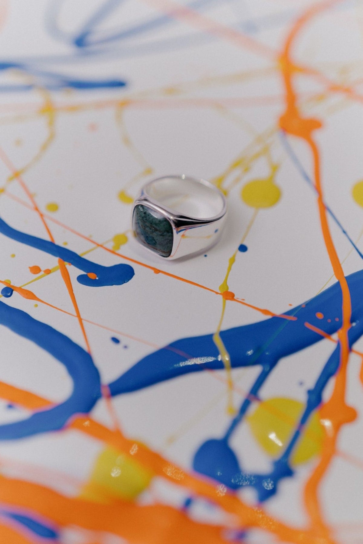 IX Cushion Marble Silver Signet Ring