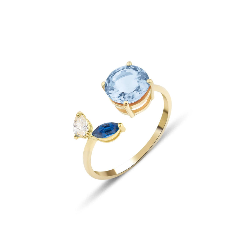 Artisia Leaf 18K Guld Ring m. Akvamarin, Diamant & Safir