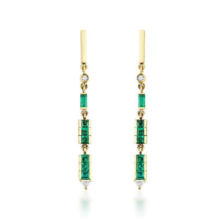 Artisia Bar 18K Gold Earrings w. Diamonds & Emeralds