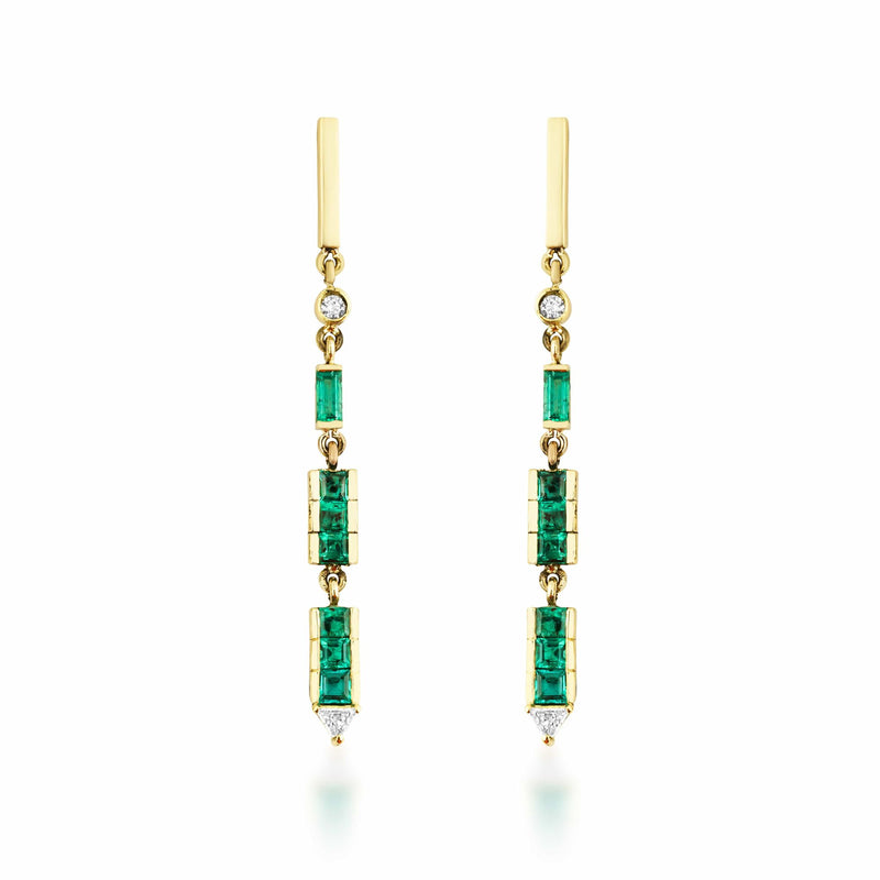 Artisia Bar 18K Gold Earrings w. Diamonds & Emeralds