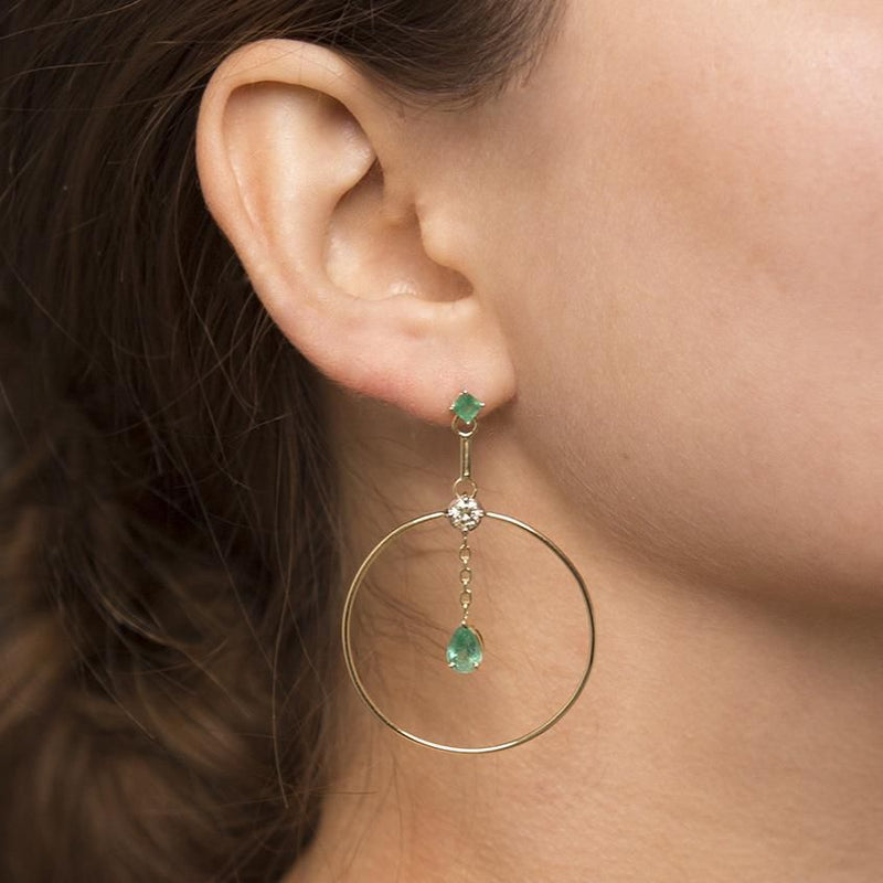 Artisia Circle 18K Gold Earrings w. Diamonds & Emeralds