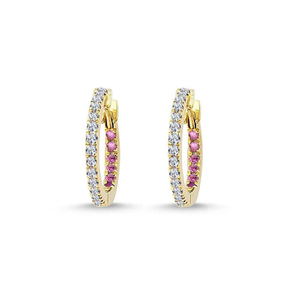 Claire Huggies 14K Gold Hoops w. Diamonds & Pink Sapphires