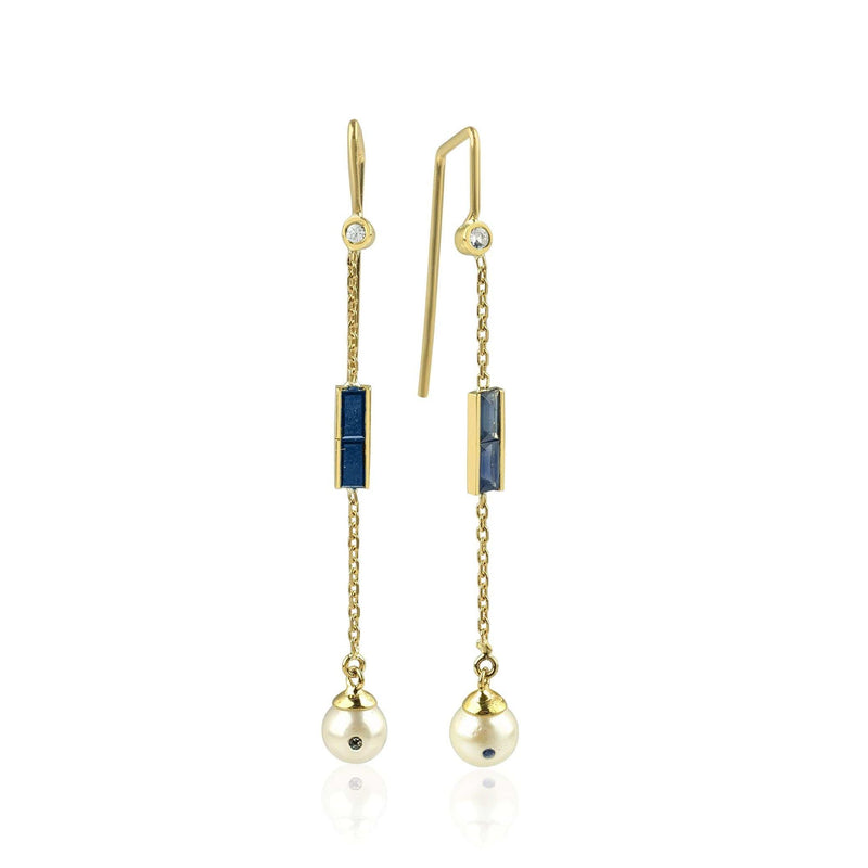 Eline 18K Gold Single Earring w. blue & White Sapphires & Pearl