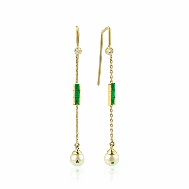 Eline 18K Gold Earrings w. Diamonds, Emeralds & Pearls