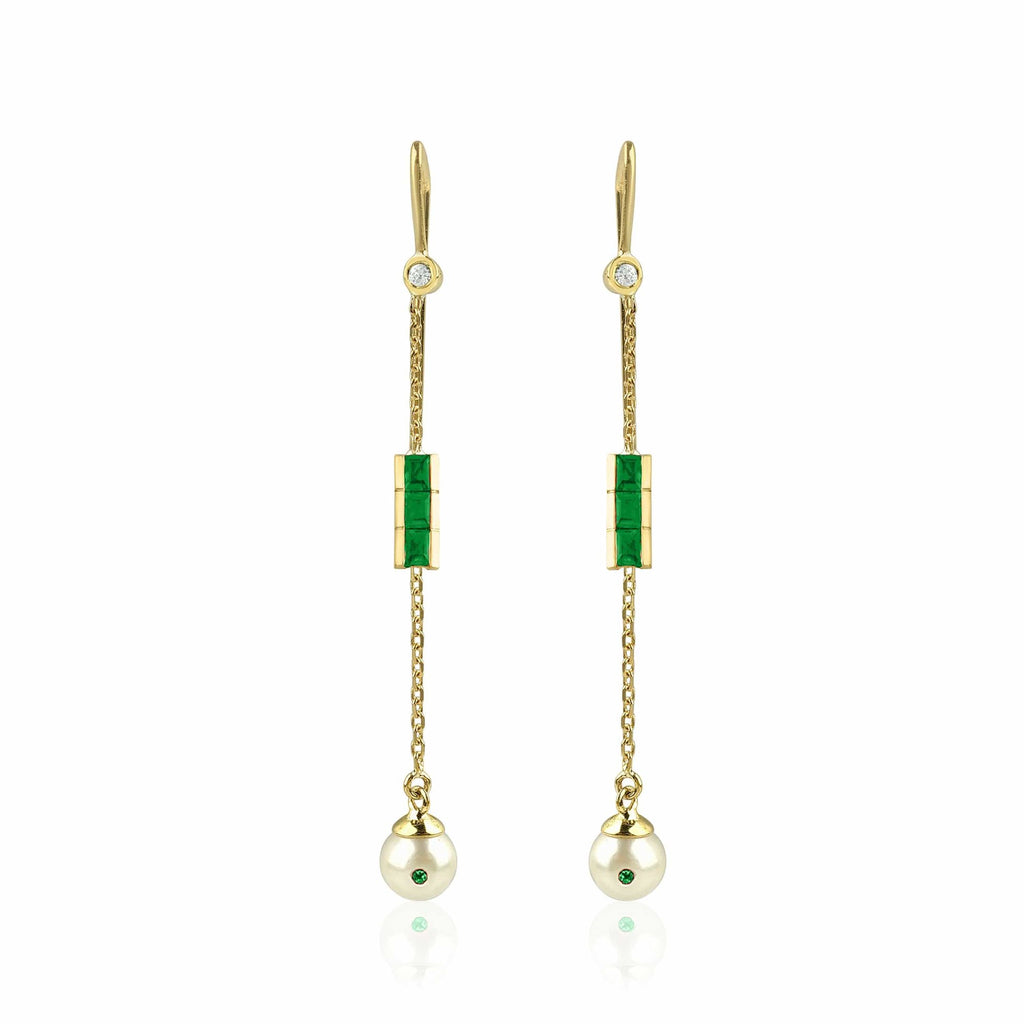 Eline 18K Gold Earrings w. Diamonds, Emeralds & Pearls