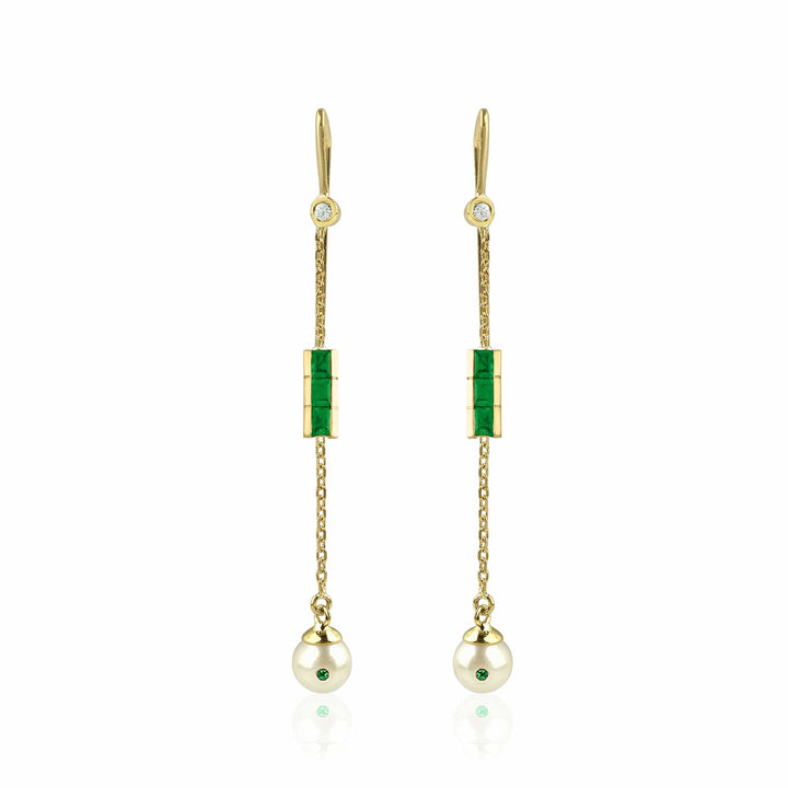 Eline 18K Gold Earrings w. Diamonds, Emeralds & Pearls
