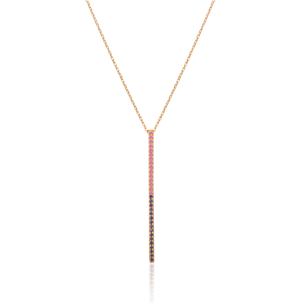 Claire Bar 18K Gold Necklace w. Pink & Blue Sapphires