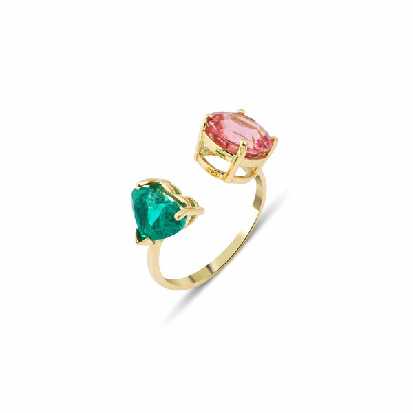 Artisia Duo 18K Gold Ring w. Emerald & Tourmaline
