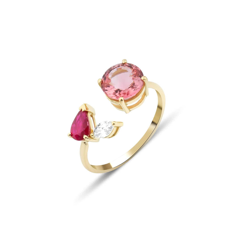 Artisia Leaf 18K Gold Ring w. Diamond, Ruby & Pink Tourmaline