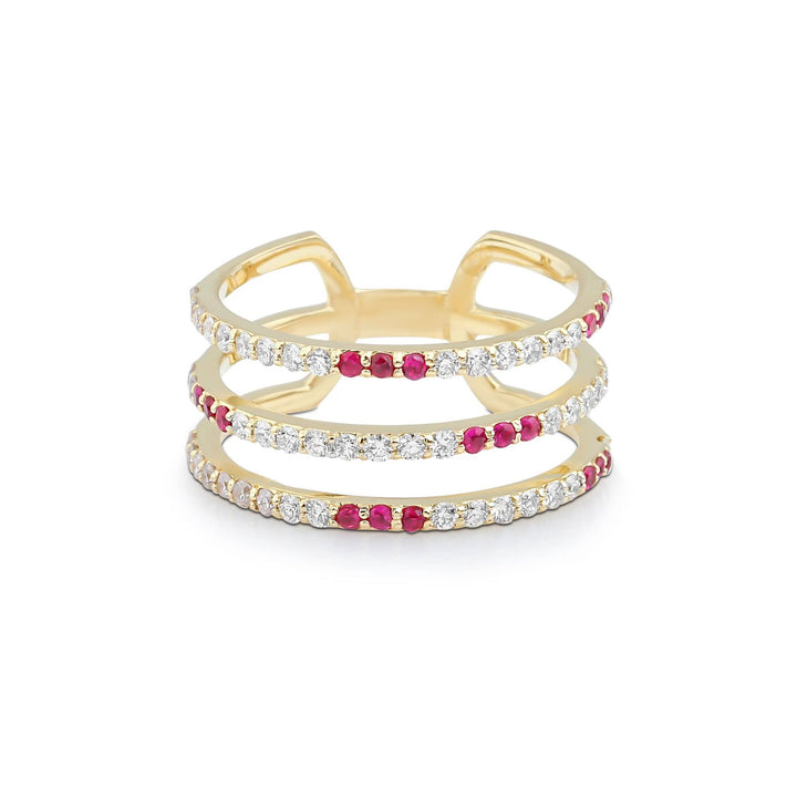 Artisia Triple Bar 18K Gold Ring w. Diamonds & Rubies
