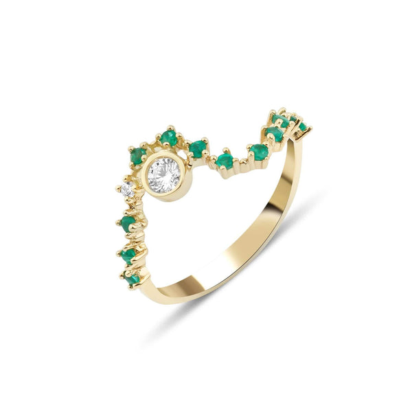 Sonia Wave 18K Guld Ring m. Hvide Diamanter Diamanter & Smaragd