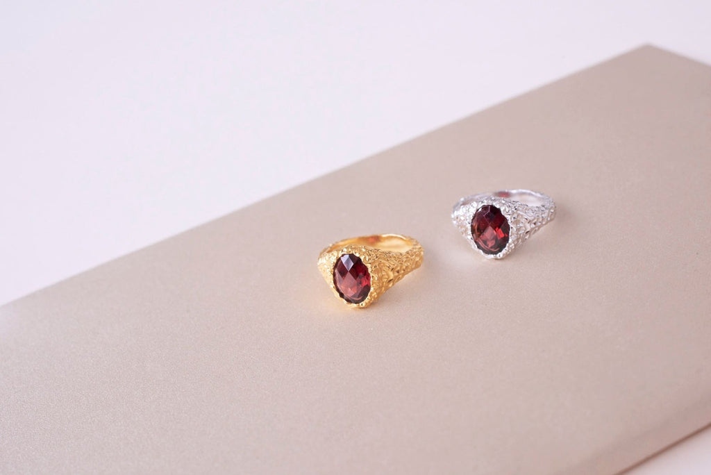 IX Crunchy Ornate Garnet Signet Ring